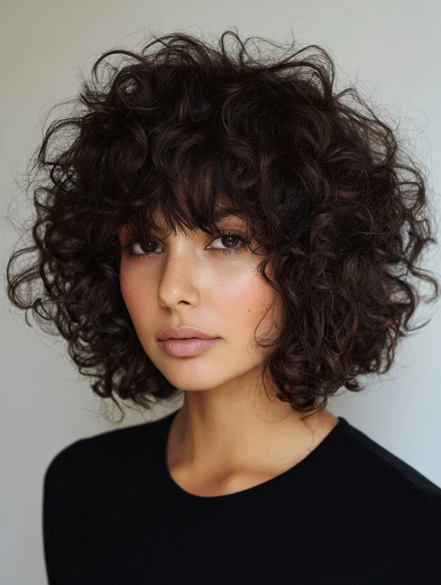 Curly bob haircut with side swept fringe