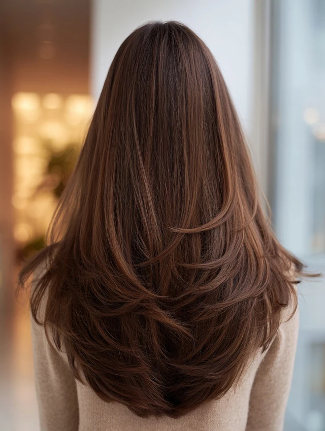 Long V-cut layered haircut shown from the back