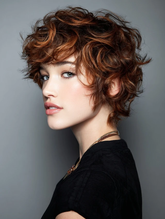 Curly copper pixie cut with tousled defined curls