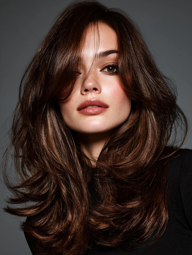 Woman with soft mocha brown long layered hair and curtain bangs