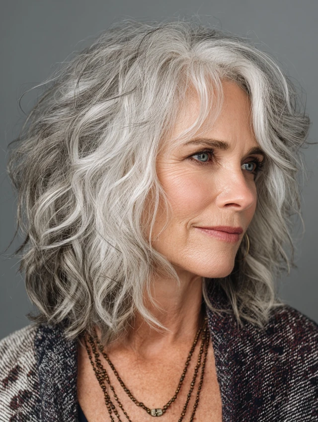 Wavy grey lob hairstyle on a mature woman