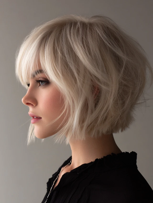 Icy blonde French bob with brow-skimming bangs