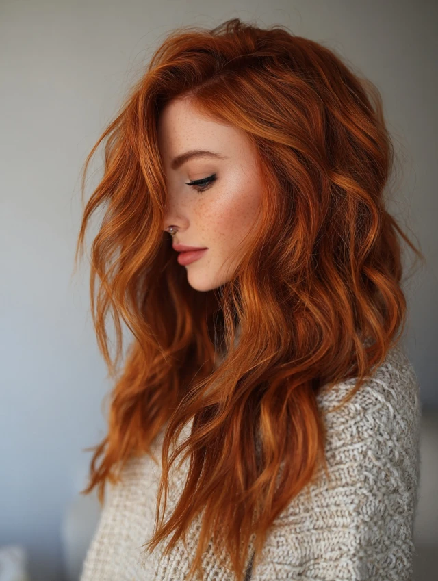 Long soft waves in terracotta copper hair color