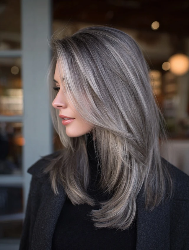 Ash blonde hair blended with silver gray highlights