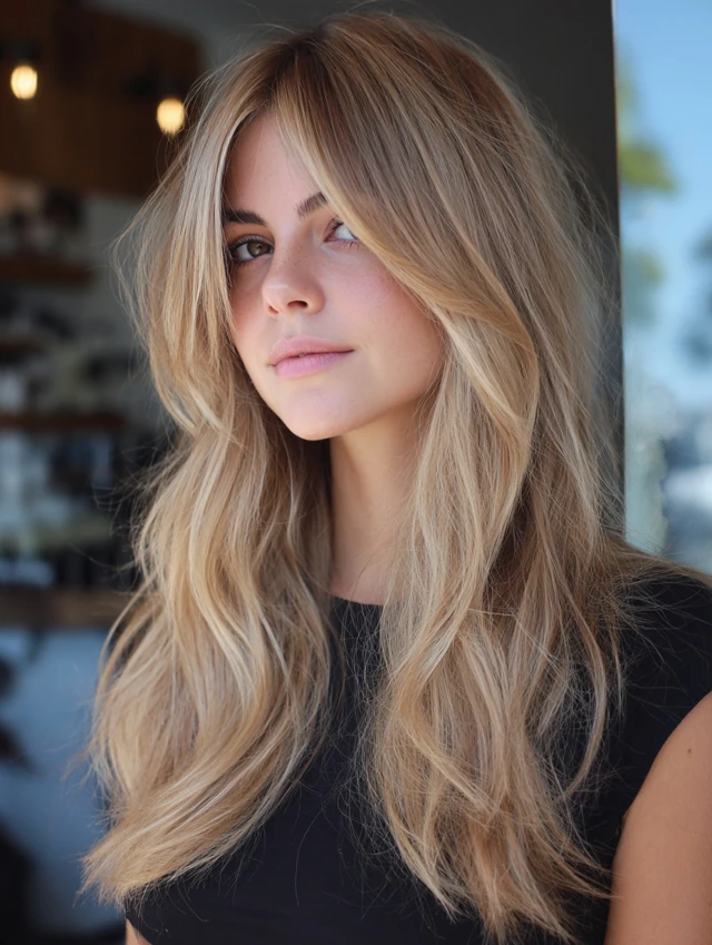A woman with long tousled blonde hair and curtain bangs