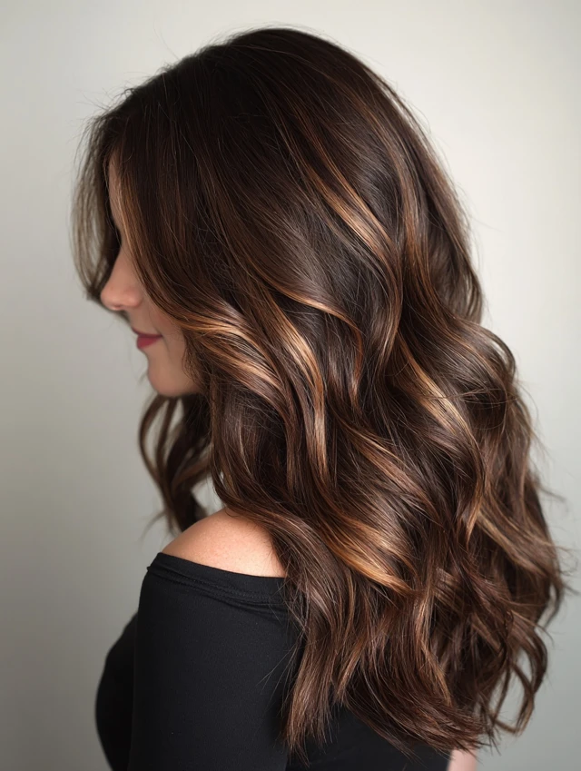 Cocoa Brown with Golden Ribbons — winter hair color idea for brown eyes