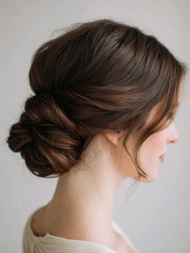 Woman with a twisted low chignon and soft face-framing pieces on dark brown hair