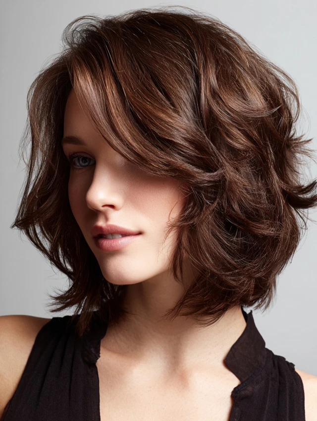 Voluminous brown wavy bob with side sweep
