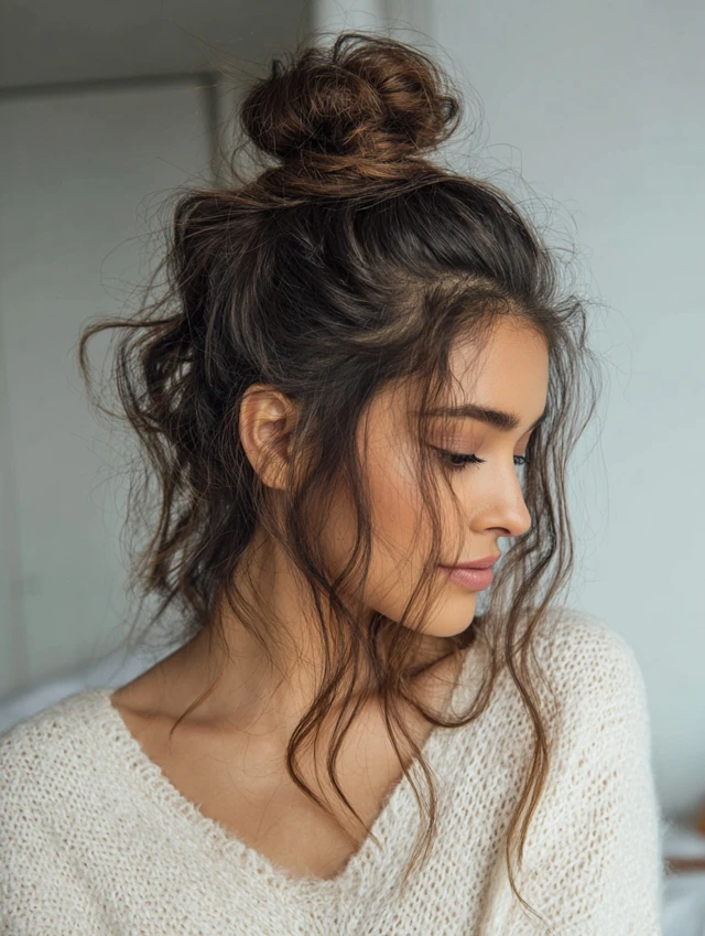 Messy top knot hairstyle with loose face-framing strands