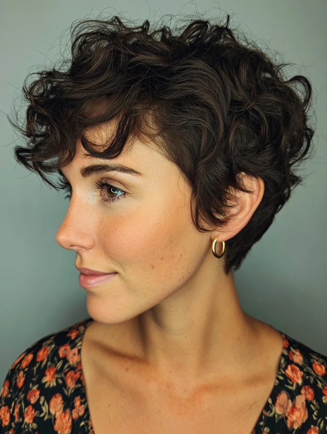 Short curly pixie haircut with tapered sides and volume through the crown
