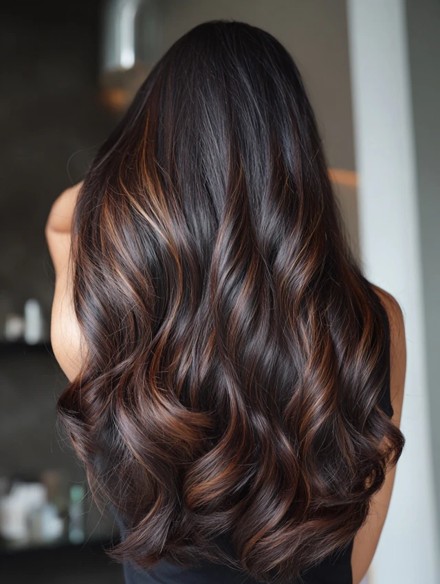Dark brown hair with warm caramel dimension, back view of waves