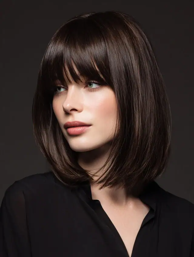 Chin-length dark brown lob with full straight-across bangs