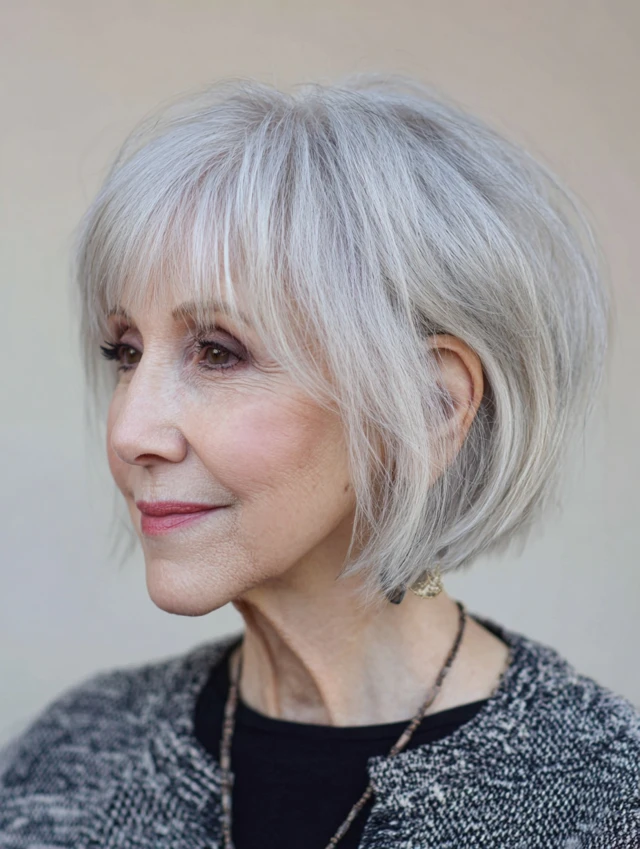Gray bob haircut with wispy feathered bangs