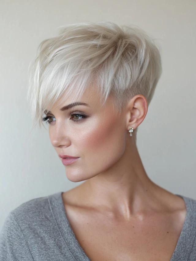 Platinum layered pixie cut with sweeping fringe
