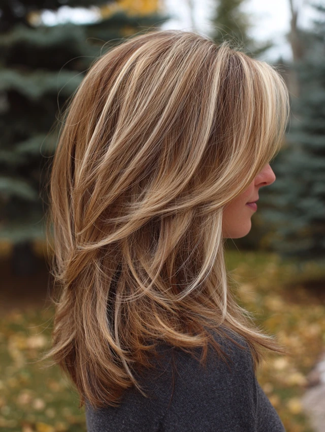 Layered haircut with bold chunky blonde highlights
