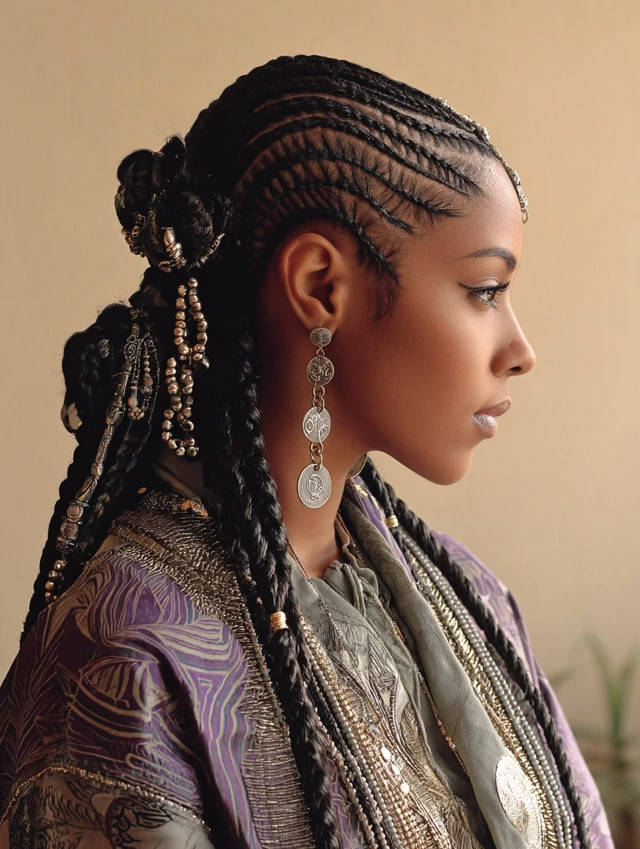 Side profile of Fulani-inspired braids with beads, cuffs, and a braided bun