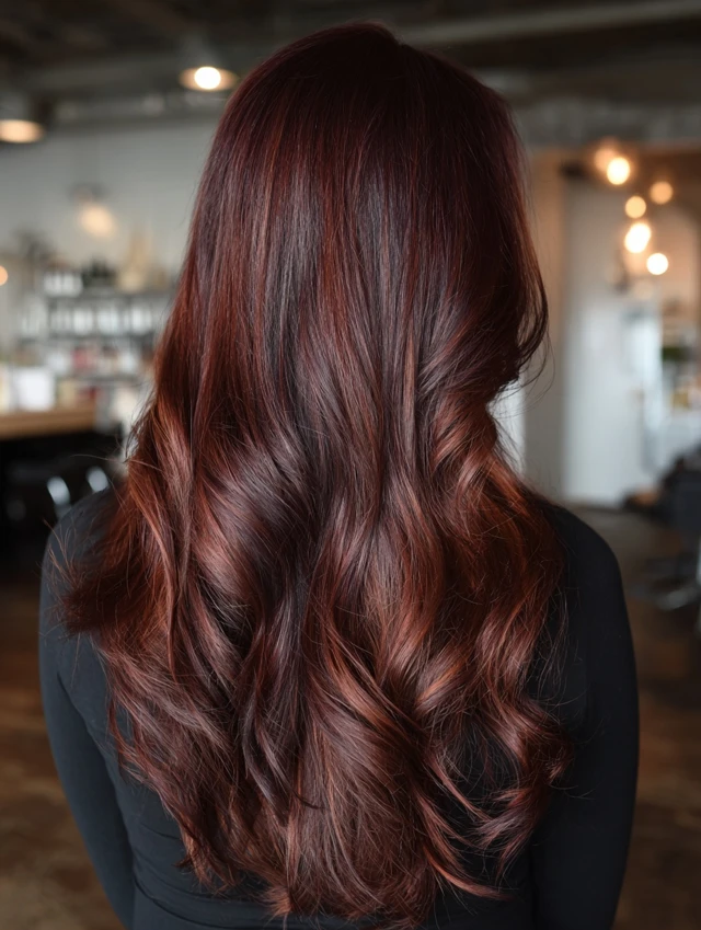 Mahogany brown hair with ruby red accent highlights