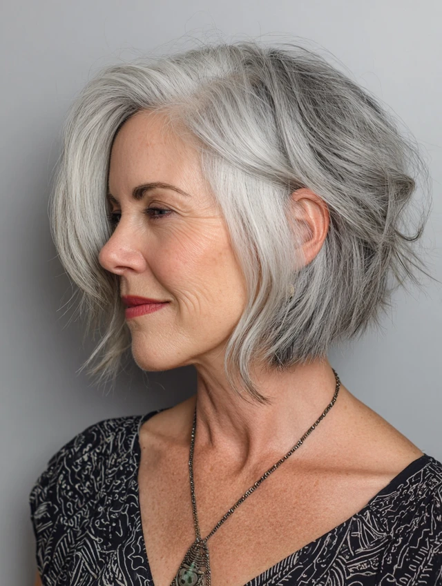 Layered bob with side-swept bangs on an older woman with gray hair
