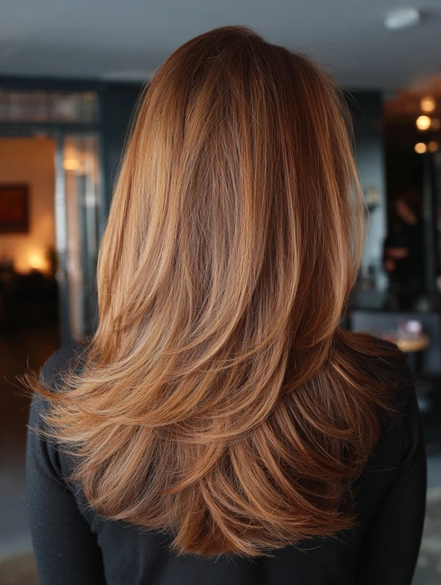 Toasted copper-mahogany feathered layers, back view