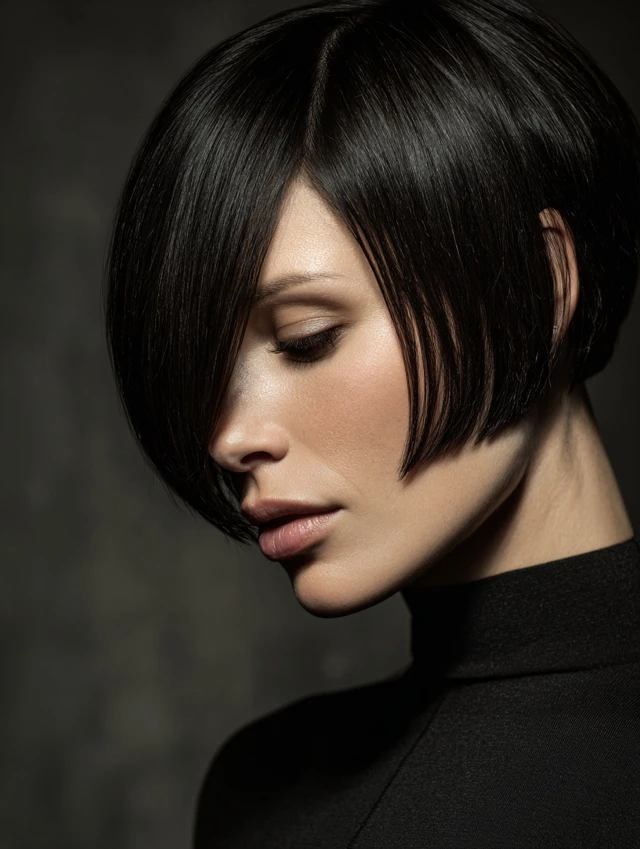Jet black asymmetric pixie bob with deep side sweep