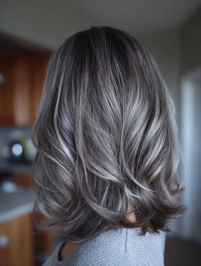 Pewter balayage on mid-length layered gray hair