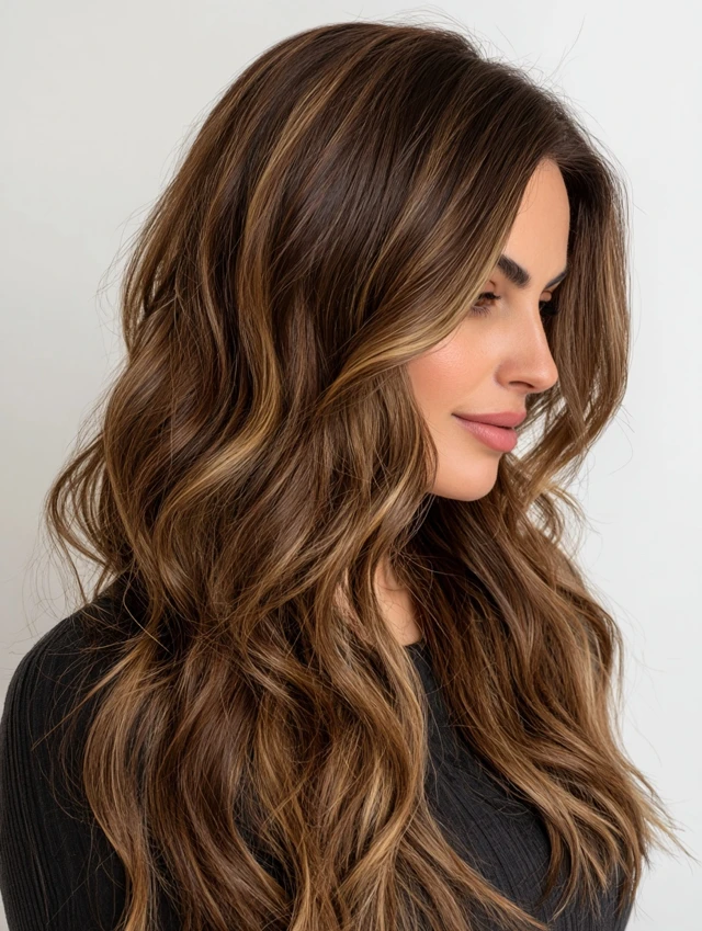 Warm brunette hair with caramel balayage ribbons