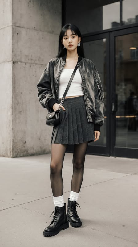 Satin bomber jacket styled with a pleated mini skirt and tights