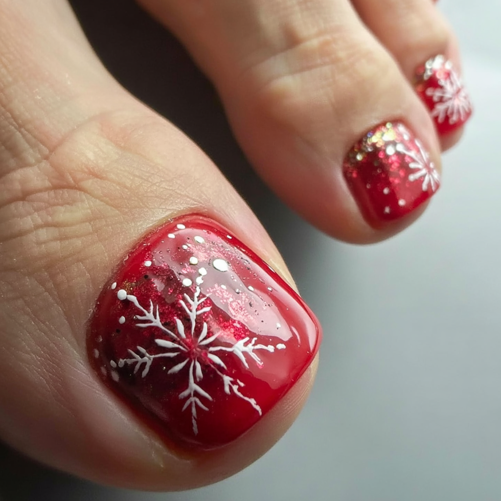 Close-up of red glitter toenails with white hand-painted snowflakes