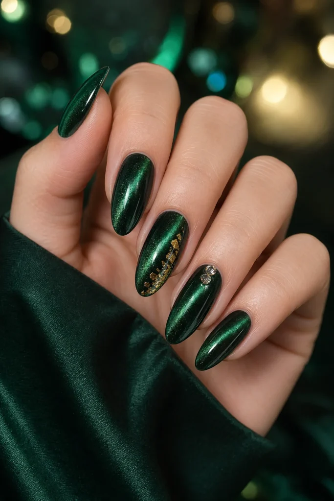 Long almond nails in emerald cat-eye with gold foil accents and tiny crystals