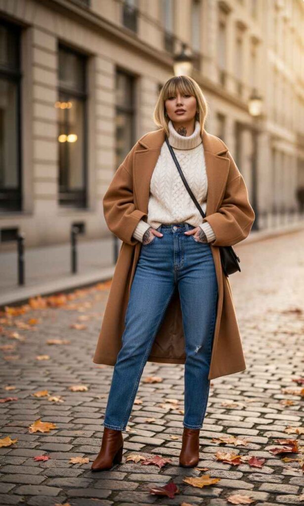 Woman in a camel coat, cream cable-knit turtleneck, indigo jeans and brown boots on a cobblestone street