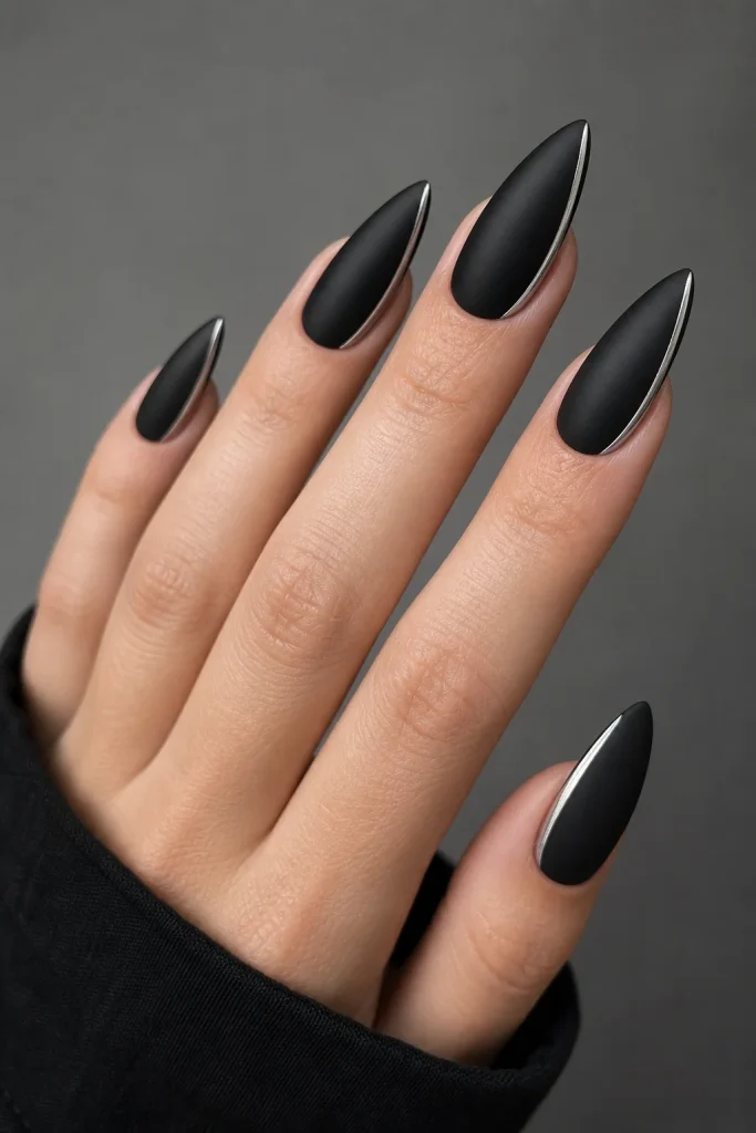 Matte black gel nails with silver line art
