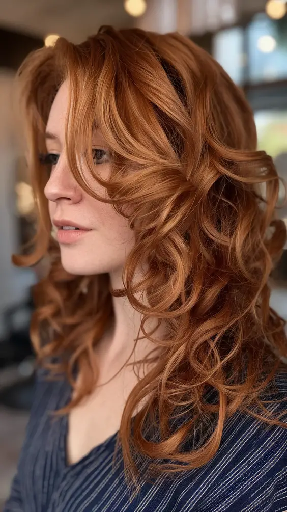 Long loose waves in golden auburn hair color
