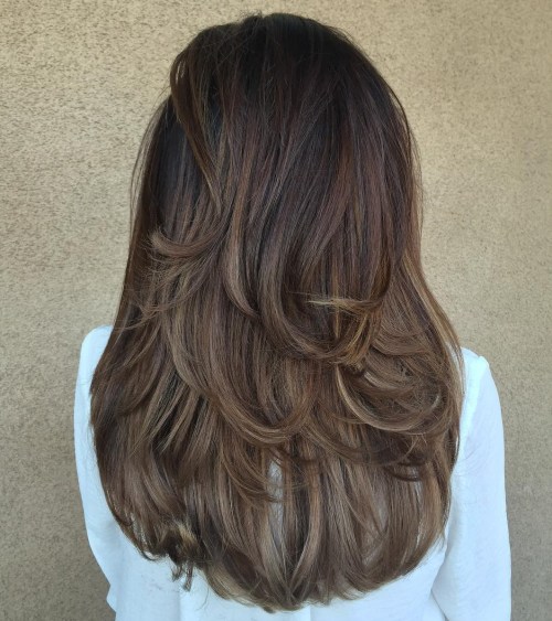 Long U-shaped layered haircut shown from the back