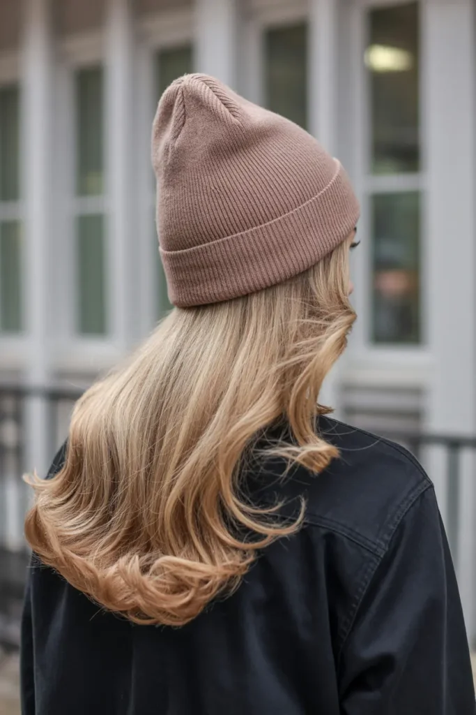 Back view of long blonde soft waves worn with a mauve beanie