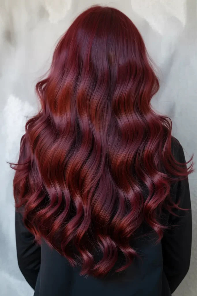 Long wavy dark cherry red hair, back view