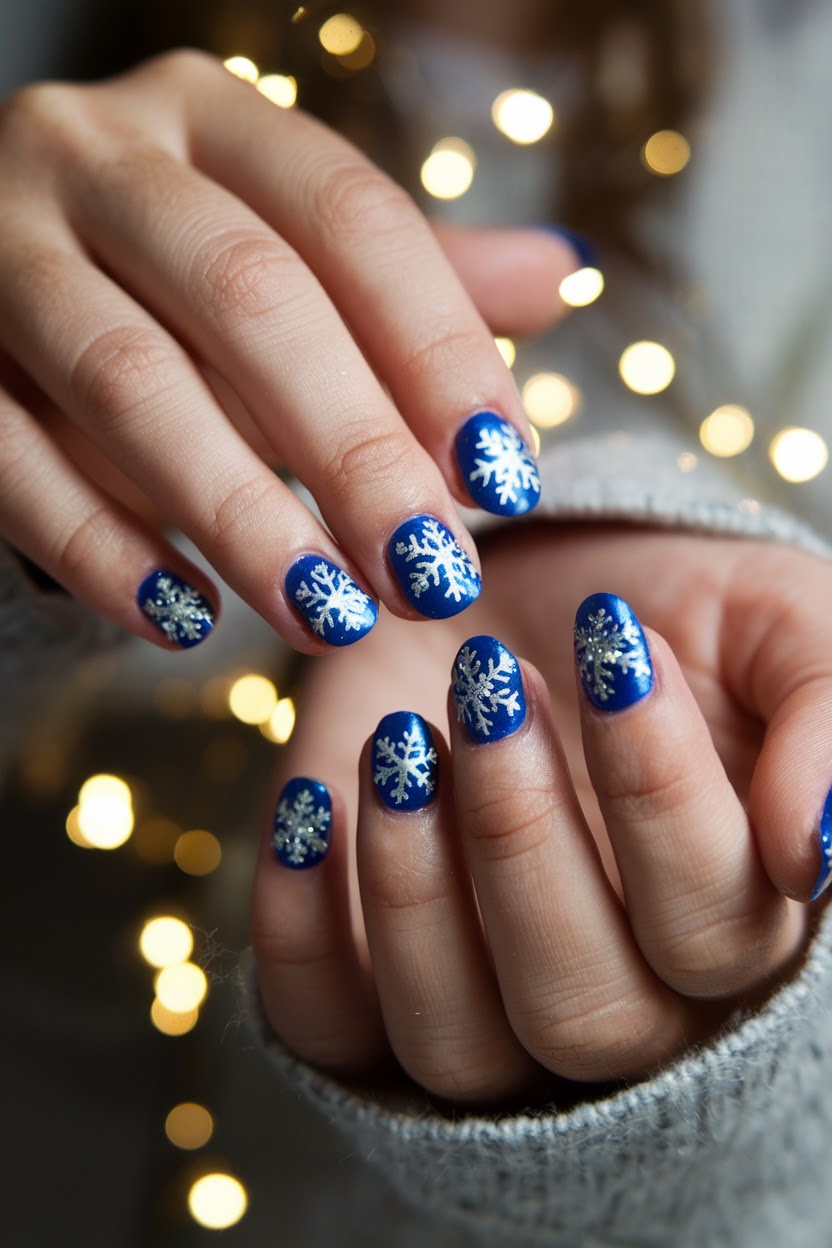 Short nails with pale blue polish, glitter and white snowflake nail art