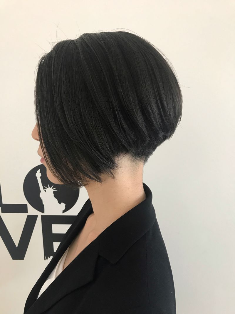 Stacked graduated bob on black hair, back view
