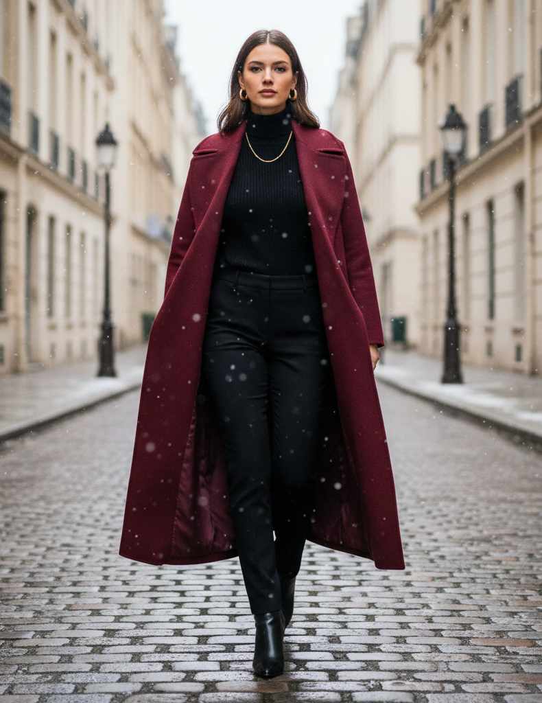 Woman wearing a burgundy outfit with a winter coat in the city