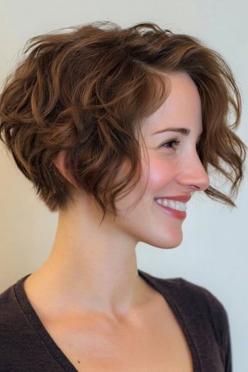 Choppy wavy bixie haircut in warm brown