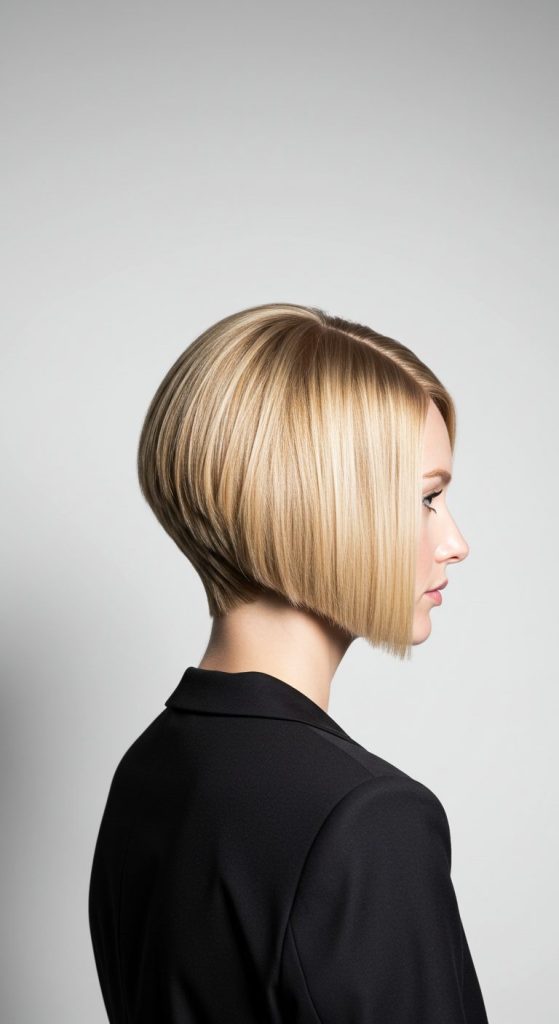Woman with a sleek bob hairstyle with a side part