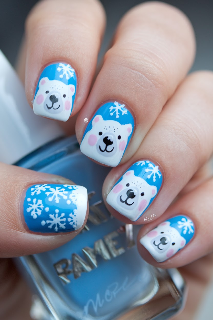 Cute polar bear face nail art on white kids nails