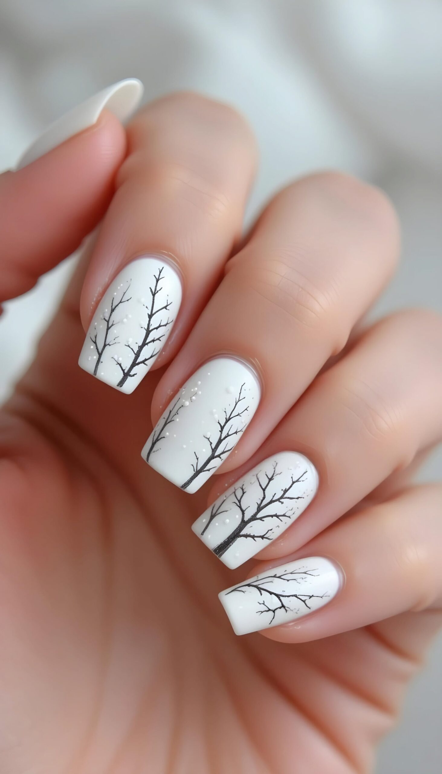 White square nails with fine black winter tree branch nail art