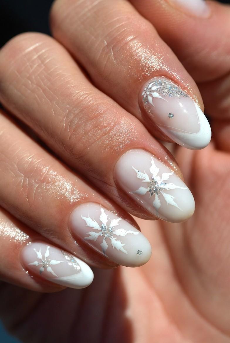 White French tips with hand-painted snowflakes and glitter accents on a sheer base