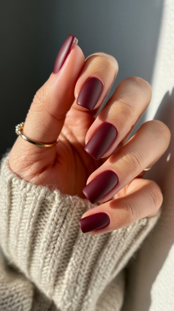 Medium squoval nails in matte burgundy polish