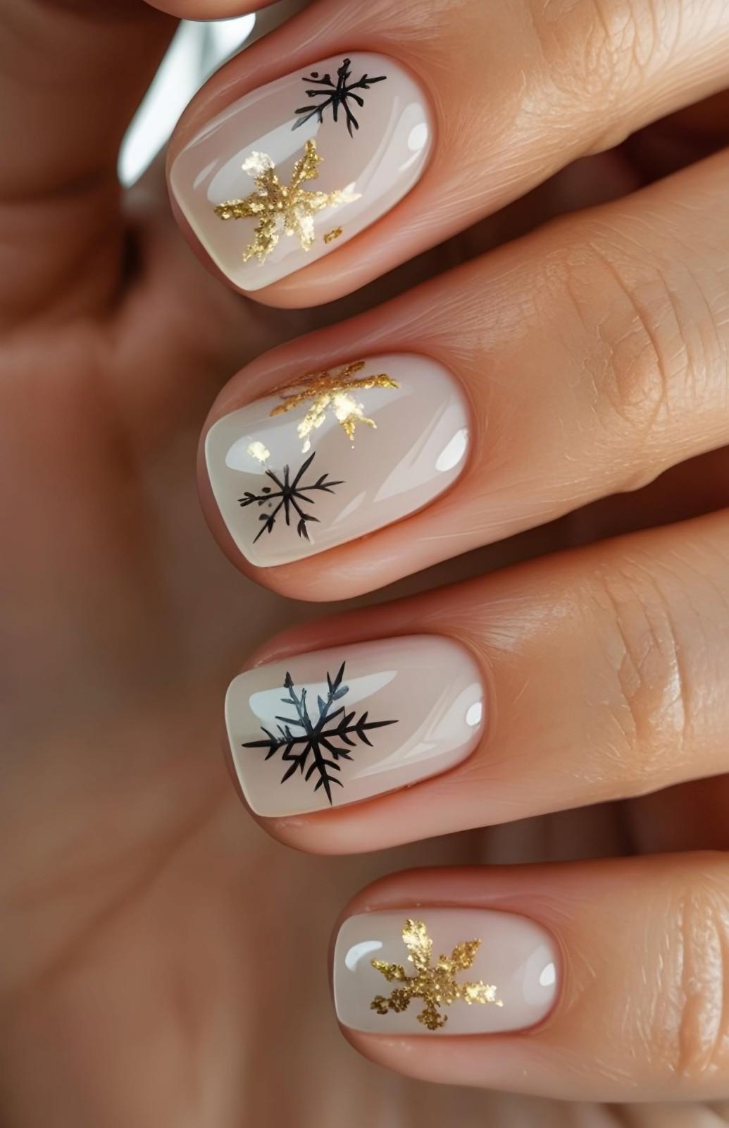 Short oval nude nails with white snowflake nail art