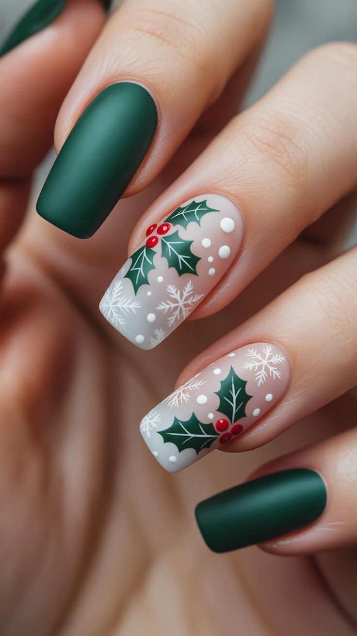 Matte forest green nails with holly leaf, red berry and snowflake art