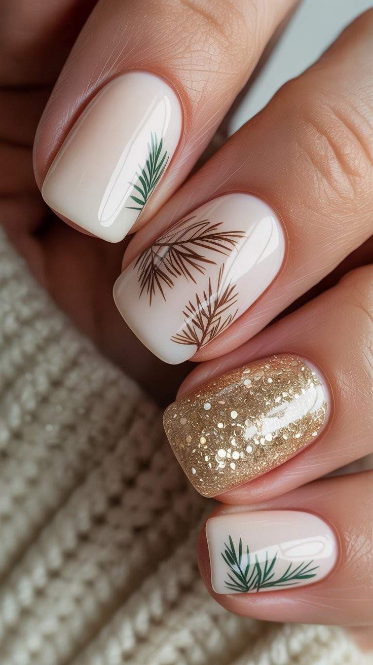 Cream nails with green and bronze pine sprig art and a gold glitter accent nail