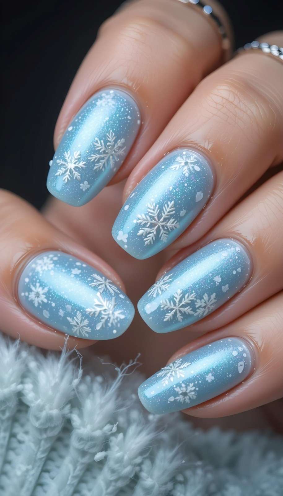 Short oval nails in frosty ice blue polish