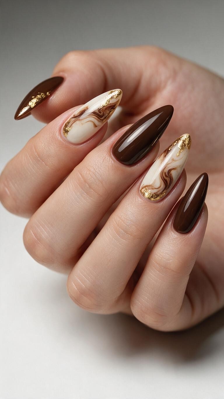 Espresso brown nails with marble and gold accents