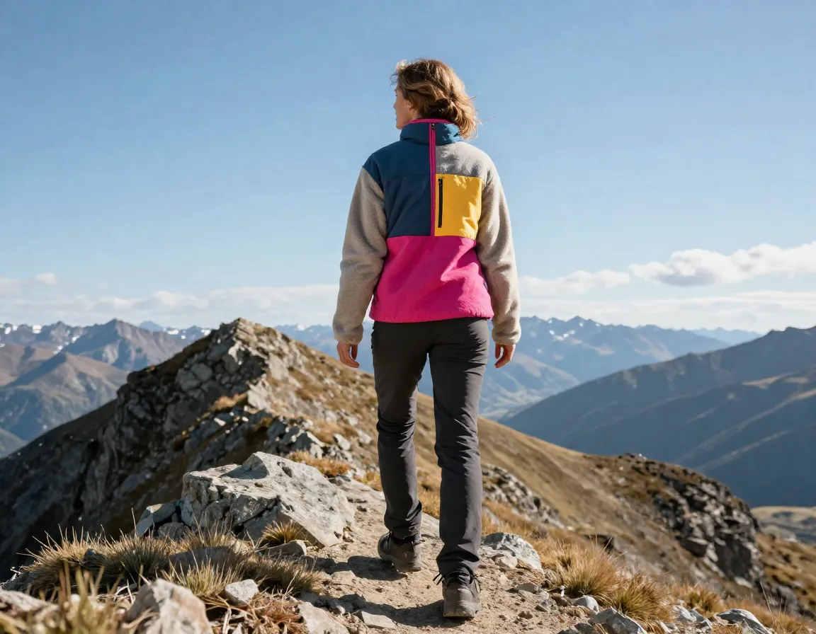 Woman hiking on a mountain trail in a color-block fleece jacket